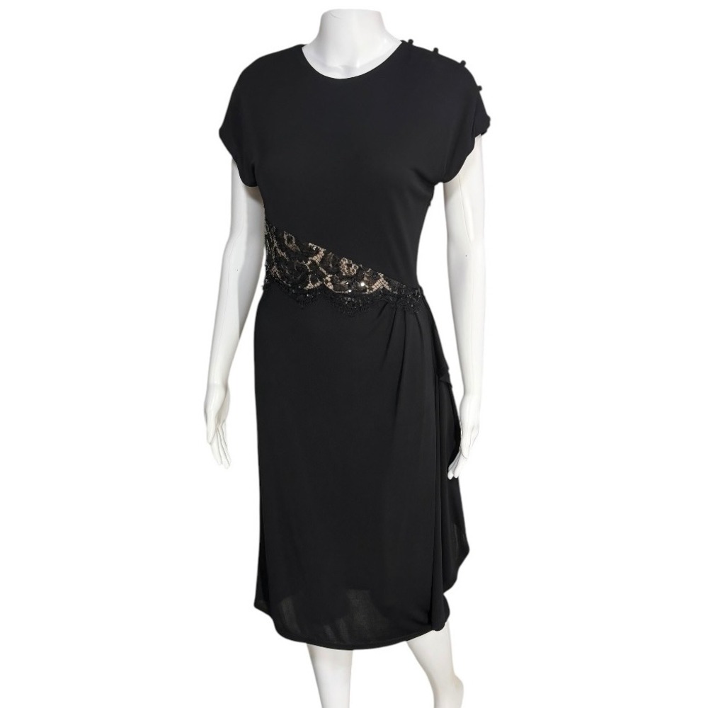Teri Jon‎ Rickie Freeman Black Lace Sequin Sheath Dress Size 2 Cap Sleeve Ruffle